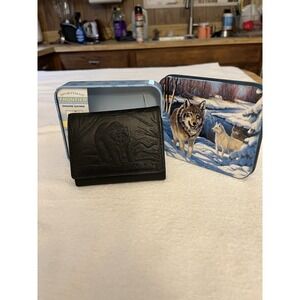 Men's Black  Tri Fold Leather Wallet By Frontier With Bear  On Front NWT